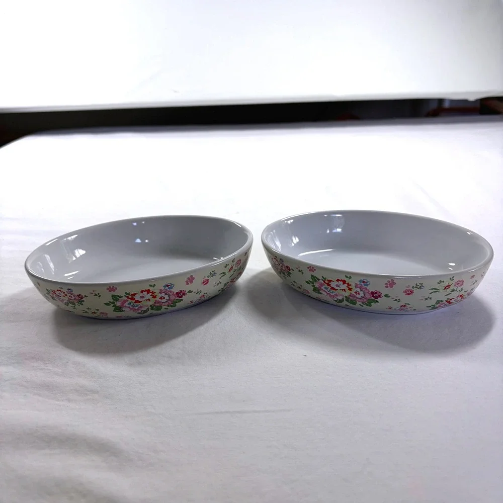 Floral Ceramic Pet Bowls Set of 2 Oval Shallow Cat Dog Dishes Cream Pink Blue